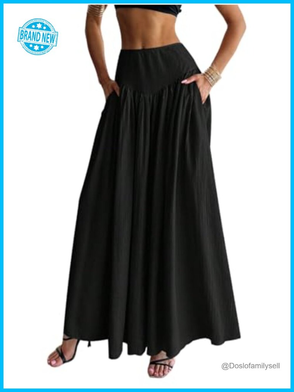 Boho Flowy Flared Ruffle Maxi Skirt High Waisted Pleated A-Line with Pockets